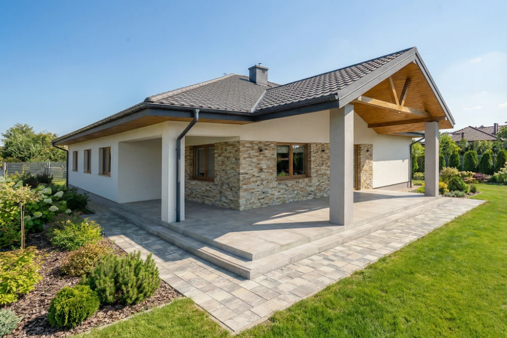 Projekt domu Traducta tech. DM-6699 tech., parterowy, bez garażu, bez podpiwniczenia - wizualizacja elewacji ogrodowej