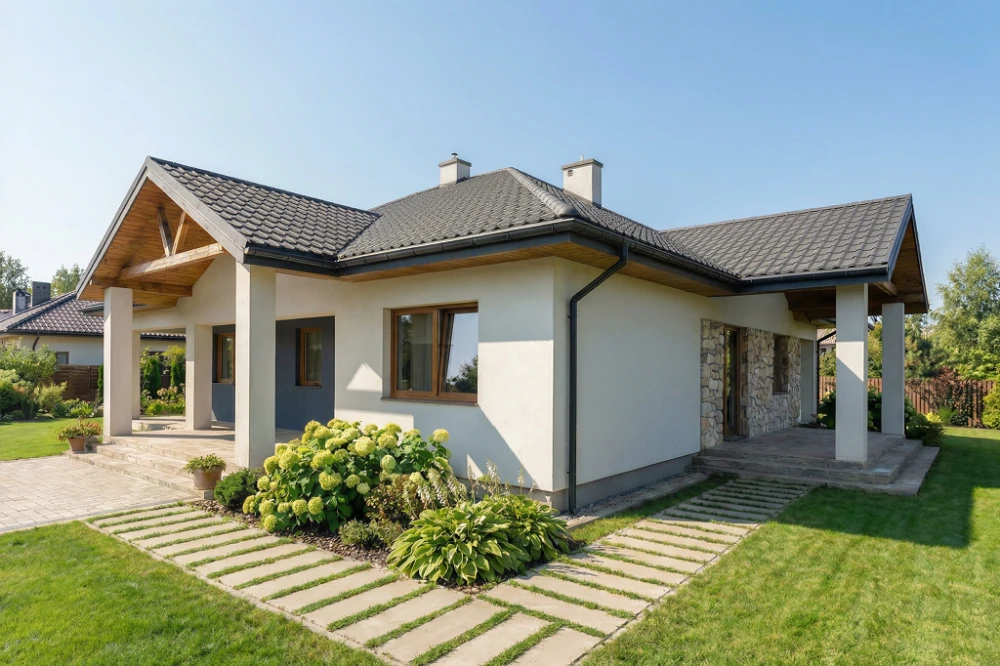 Projekt domu Traducta 2 tech. L-6699 tech., parterowy, bez garażu, bez podpiwniczenia - wizualizacja elewacji prawej