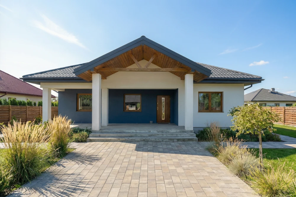 Projekt domu Traducta 2 tech. L-6699 tech., parterowy, bez garażu, bez podpiwniczenia - wizualizacja elewacji frontowej