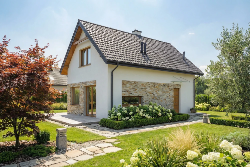 Projekt domu Xanten tech. DM-6844 tech., parterowy z poddaszem użytkowym, bez garażu, bez podpiwniczenia - wizualizacja elewacji lewej