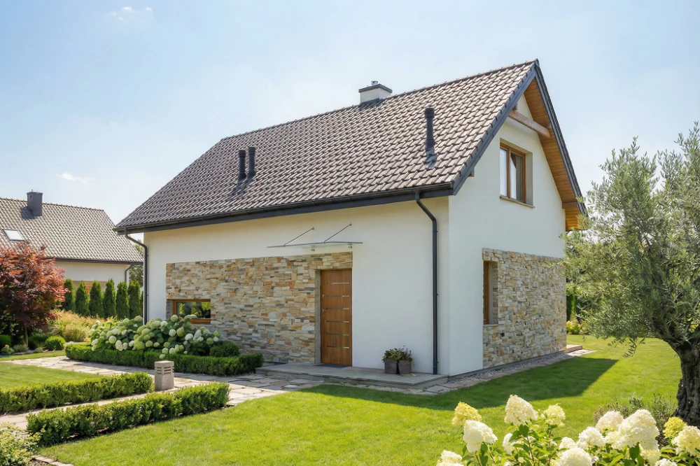 Projekt domu Xanten tech. DM-6844 tech., parterowy z poddaszem użytkowym, bez garażu, bez podpiwniczenia - wizualizacja elewacji frontowej