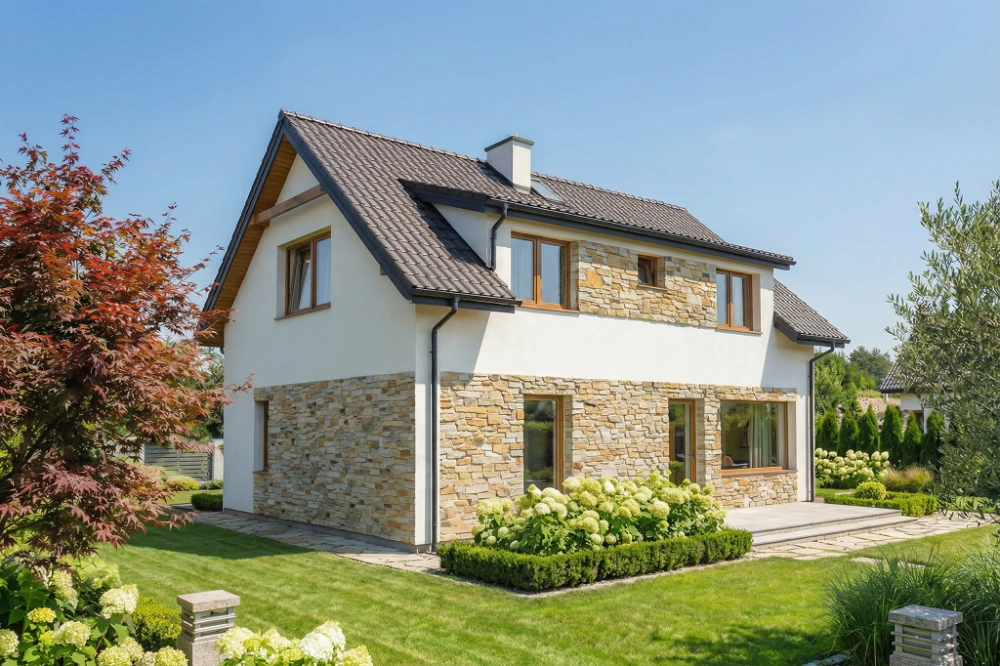 Projekt domu Xanten tech. DM-6844 tech., parterowy z poddaszem użytkowym, bez garażu, bez podpiwniczenia - wizualizacja elewacji prawej