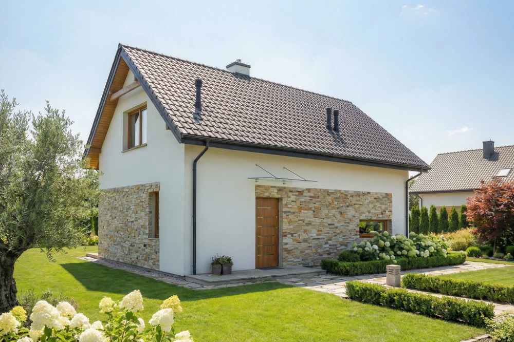 Projekt domu Xanten 2 L-6844, parterowy z poddaszem użytkowym, bez garażu, bez podpiwniczenia - wizualizacja elewacji frontowej