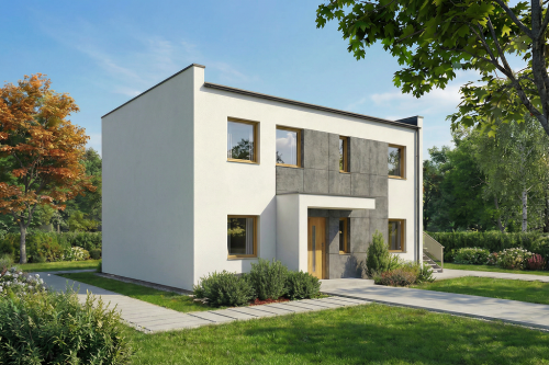 Projekt domu Vernum DM-6847, piętrowy, dwulokalowy, bez garażu, bez podpiwniczenia - wizualizacja elewacji frontowej