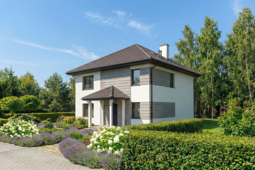 Projekt domu Victrix DM-6848, piętrowy, bez garażu, bez podpiwniczenia - wizualizacja elewacji frontowej ujęcie 2