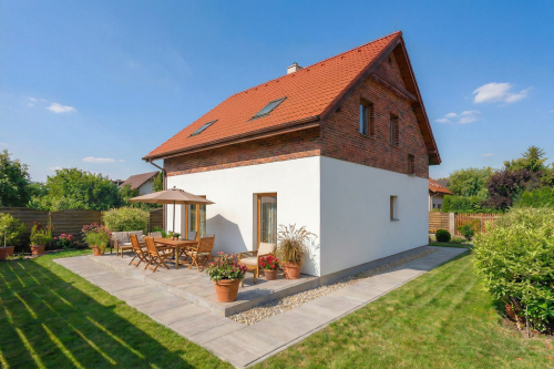 Projekt domu Trimon 2 L-6881, parterowy z poddaszem użytkowym, bez garażu, bez podpiwniczenia - wizualizacja elewacji ogrodowej