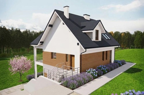 Projekt domu Liburnum tech. DM-6867 tech., parterowy z poddaszem użytkowym, bez garażu, z podpiwniczeniem - wizualizacja elewacji ogrodowej