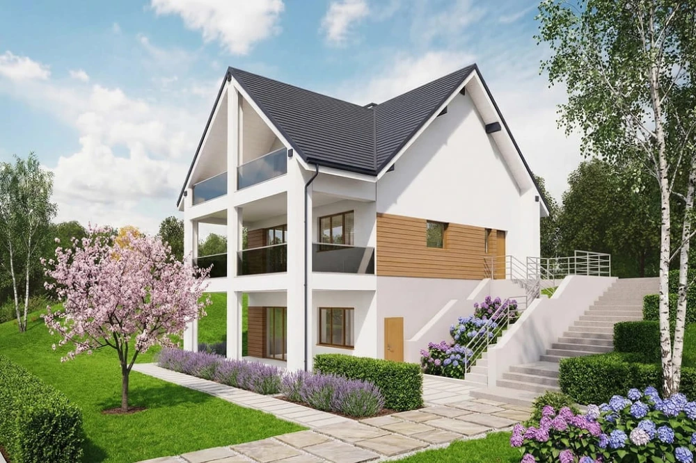 Projekt domu Liburnum tech. DM-6867 tech., parterowy z poddaszem użytkowym, bez garażu, z podpiwniczeniem - wizualizacja elewacji frontowej