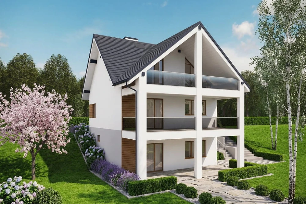 Projekt domu Liburnum tech. DM-6867 tech., parterowy z poddaszem użytkowym, bez garażu, z podpiwniczeniem - wizualizacja elewacji lewej