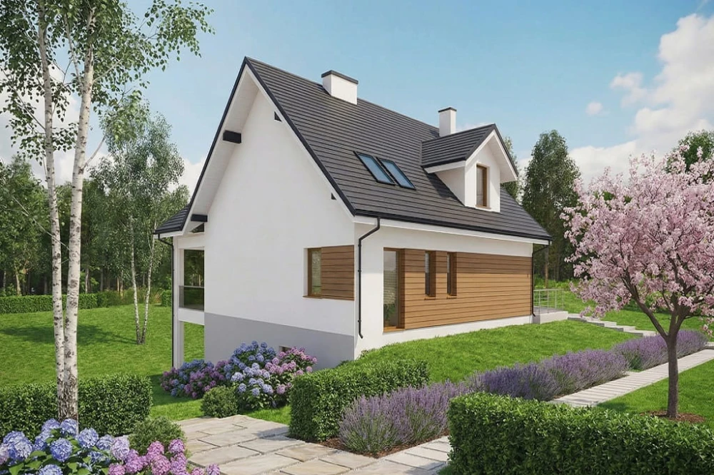 Projekt domu Liburnum 2 tech. L-6867 tech., parterowy z poddaszem użytkowym, bez garażu, z podpiwniczeniem - wizualizacja elewacji lewej