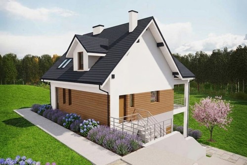 Projekt domu Liburnum 2 tech. L-6867 tech., parterowy z poddaszem użytkowym, bez garażu, z podpiwniczeniem - wizualizacja elewacji ogrodowej