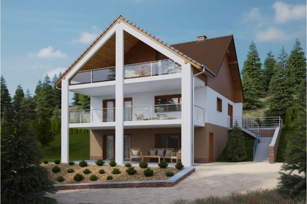 Projekt domu Onętek 2 tech. L-6611 tech., parterowy z poddaszem użytkowym i podpiwniczeniem - kolorystyka wersja 3