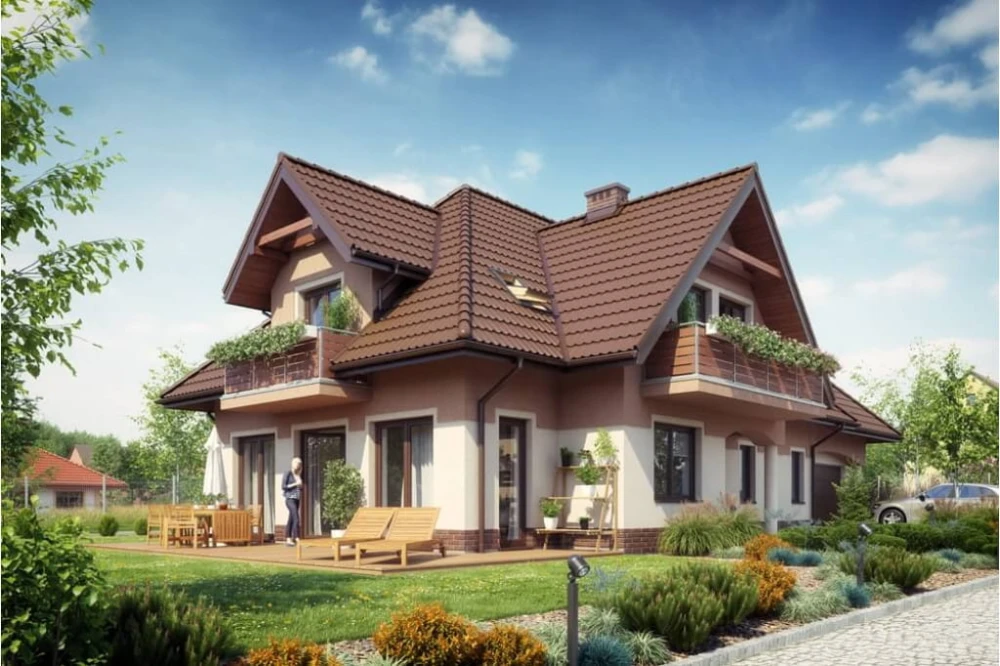 Projekt domu Forsycjowo tech. DM-6614 tech., parterowy, z poddaszem użytkowym, z garażem dwustanowiskowym - kolorystyka wersja 1