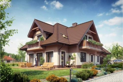 Projekt domu Forsycjowo tech. DM-6614 tech., parterowy, z poddaszem użytkowym, z garażem dwustanowiskowym - kolorystyka wersja 1
