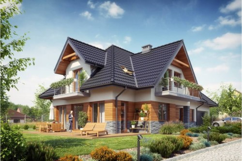Projekt domu Forsycjowo tech. DM-6614 tech., parterowy, z poddaszem użytkowym, z garażem dwustanowiskowym - kolorystyka wersja 2