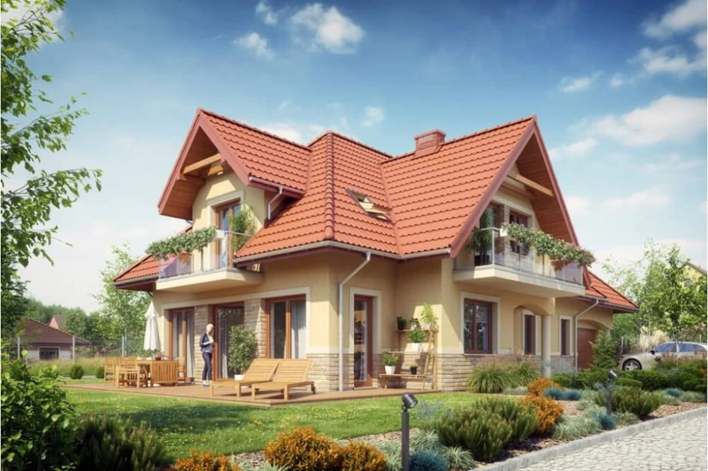 Projekt domu Forsycjowo tech. DM-6614 tech., parterowy, z poddaszem użytkowym, z garażem dwustanowiskowym - kolorystyka wersja 3