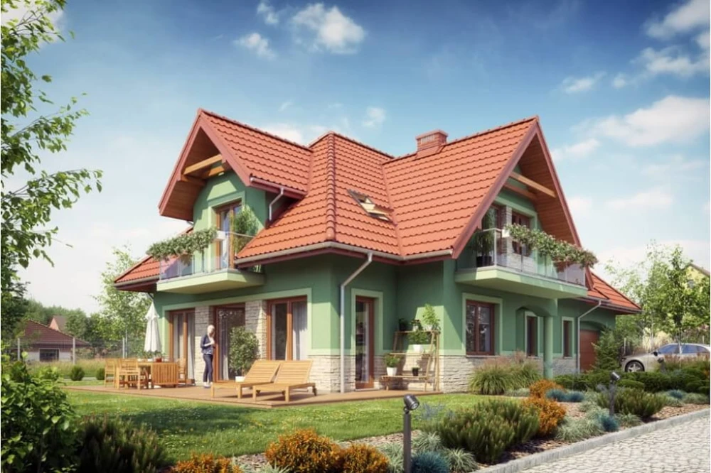 Projekt domu Forsycjowo tech. DM-6614 tech., parterowy, z poddaszem użytkowym, z garażem dwustanowiskowym - kolorystyka wersja 4