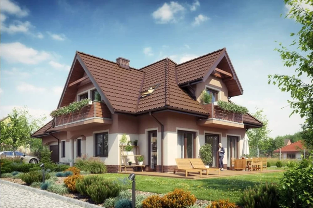 Projekt domu Forsycjowo 2 tech. L-6614 tech., parterowy, z poddaszem użytkowym, z garażem dwustanowiskowym - kolorystyka wersja 1