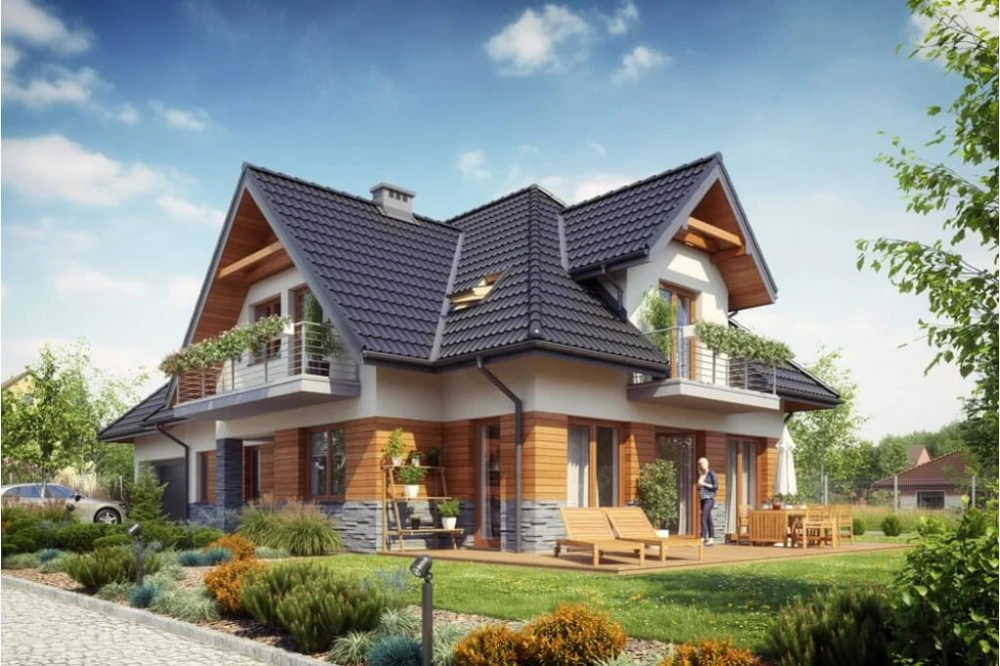 Projekt domu Forsycjowo 2 tech. L-6614 tech., parterowy, z poddaszem użytkowym, z garażem dwustanowiskowym - kolorystyka wersja 2