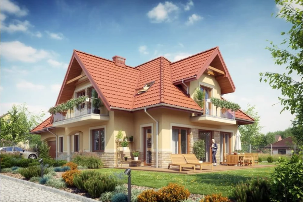 Projekt domu Forsycjowo 2 tech. L-6614 tech., parterowy, z poddaszem użytkowym, z garażem dwustanowiskowym - kolorystyka wersja 3