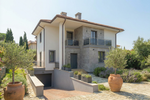 Projekt domu Croda Rossa Due L-6453, piętrowy, z garażem, częściowo podpiwniczony - wizualizacja elewacji frontowej