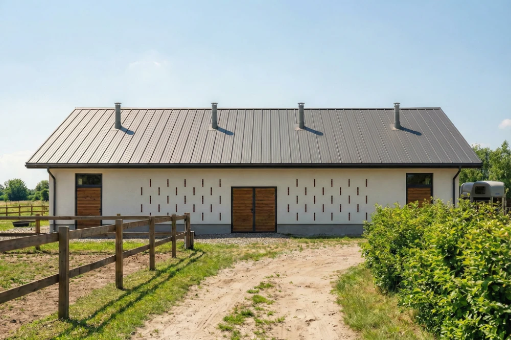 Projekt stajni LZG-85 B,  parterowy, bez podpiwniczenia - wizualizacja elewacji frontowej