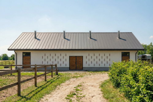 Projekt budynku stajni LZG-85 B - wizualizacja elewacji frontowej