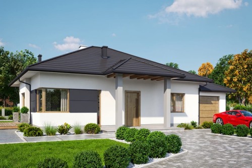 Projekt domu Ercor DM-6877, parterowy, z garażem, bez podpiwniczenia - wizualizacja elewacji frontowej