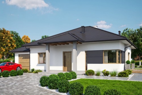 Projekt domu Ercor 2 L-6877, parterowy, z garażem, bez podpiwniczenia - wizualizacja elewacji frontowej