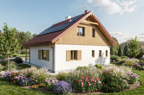 Projekt domu Ergona DM-6860, parterowy z poddaszem użytkowym, z garażem, bez podpiwniczenia - wizualizacja elewacji ogrodowej