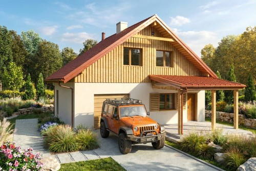 Projekt domu Ergona DM-6860, parterowy z poddaszem użytkowym, z garażem, bez podpiwniczenia - wizualizacja elewacji frontowej