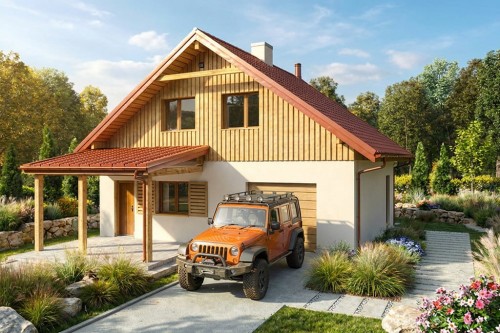 Projekt domu Ergona 2 L-6860, parterowy z poddaszem użytkowym, z garażem, bez podpiwniczenia - wizualizacja elewacji frontowej