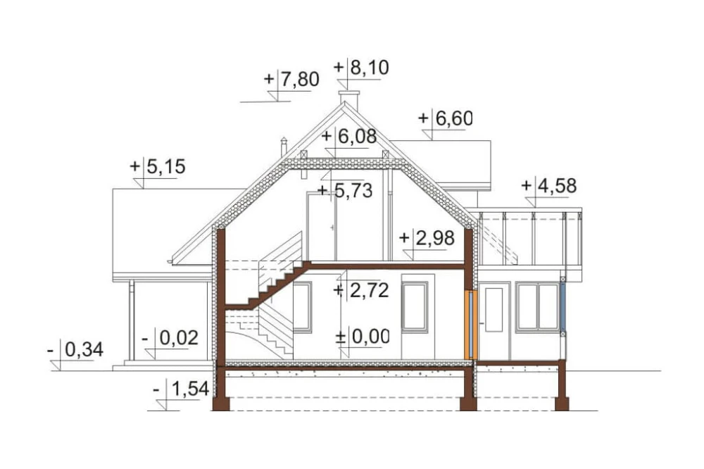 Projekt domu Storczynek 2 L-6533, parterowy z poddaszem, bez garażu, niepodpiwniczony - przekrój A-A