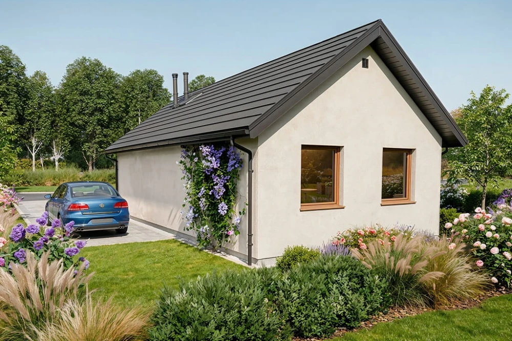 Projekt domu Laudis 2 L-6876, parterowy, bez garażu, bez podpiwniczenia - wizualizacja elewacji ogrodowej