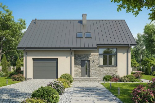 Projekt domu Elillo DM-6906, parterowy z poddaszem użytkowym i garażem, niepodpiwniczony - wizualizacja elewacji frontowej
