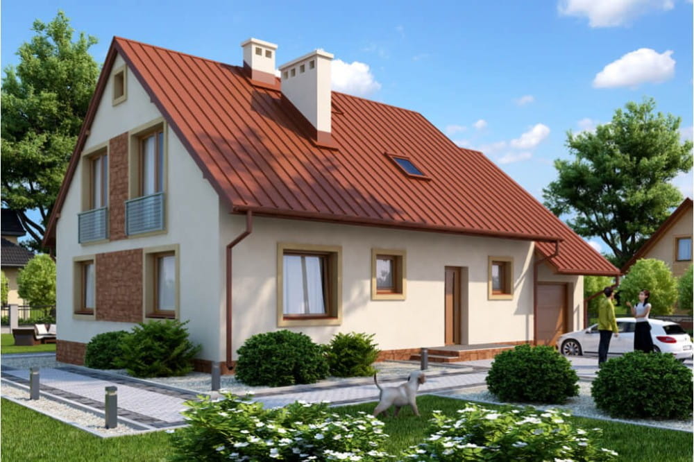 Projekt domu Ruciany 2 tech. L-6520 tech., parterowy z poddaszem mieszkalnym, z garażem, częściowo podpiwniczony - kolorystyka wersja 4