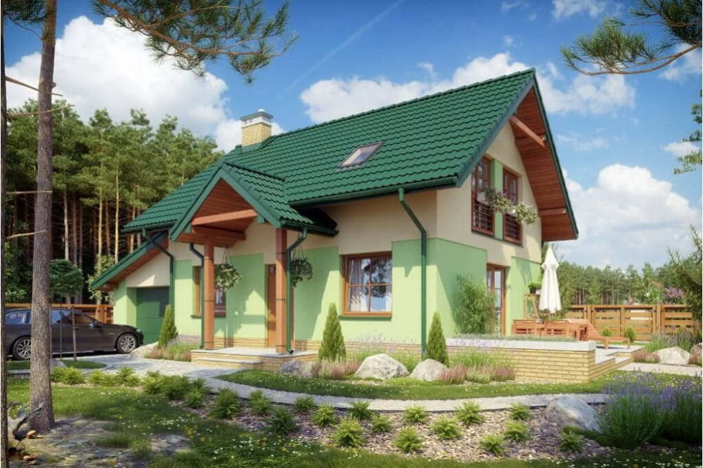 Projekt domu Nerina tech. DM-6527 tech., parterowy z poddaszem mieszkalnym, częściowo podpiwniczony - kolorystyka wersja 3