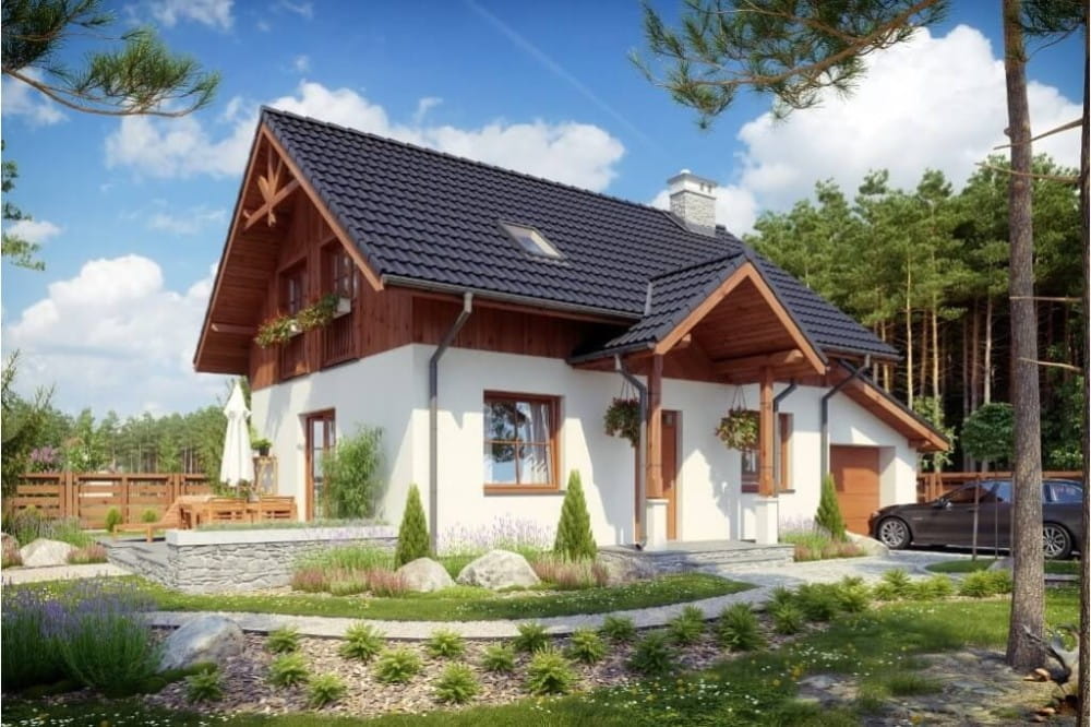 Projekt domu Nerina 2 tech. L-6527 tech., parterowy z poddaszem mieszkalnym, częściowo podpiwniczony - kolorystyka wersja 2