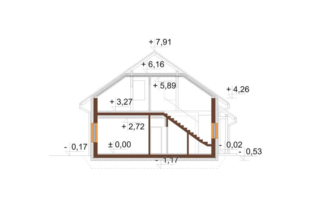 Projekt domu Ożanka DM-6671, parterowy ze strychem, niepodpiwniczony - przekrój A-A