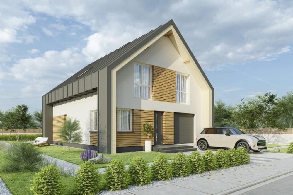 Projekt domu Matrico 2 tech. L-6807 tech., parterowy z poddaszem użytkowym, garażem jednostanowiskowym - kolorystyka wersja 4