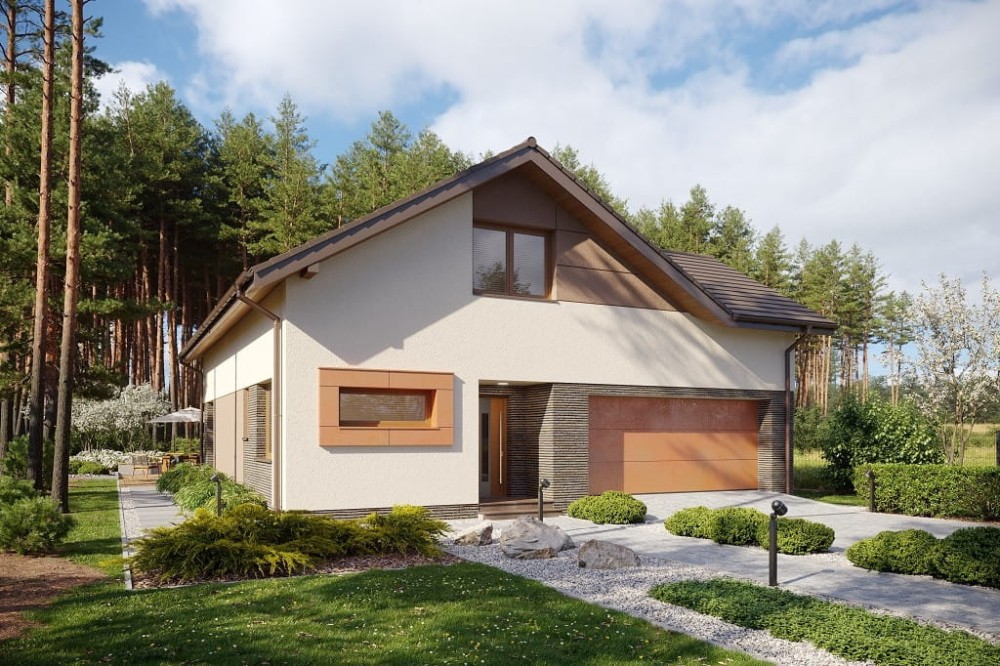 Projekt domu Conssat tech. DM-6760 tech.,  parterowy z poddaszem użytkowym, garażem dwustanowiskowym - kolorystyka wersja 4