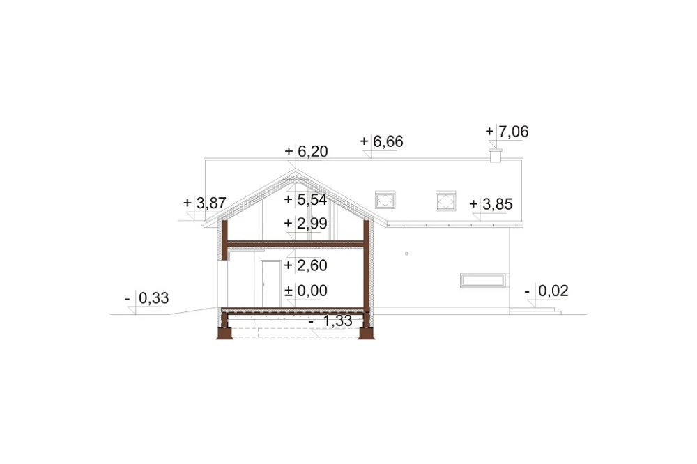 Projekt domu Conssat DM-6760,  parterowy z poddaszem użytkowym, garażem dwustanowiskowym - przekrój B-B