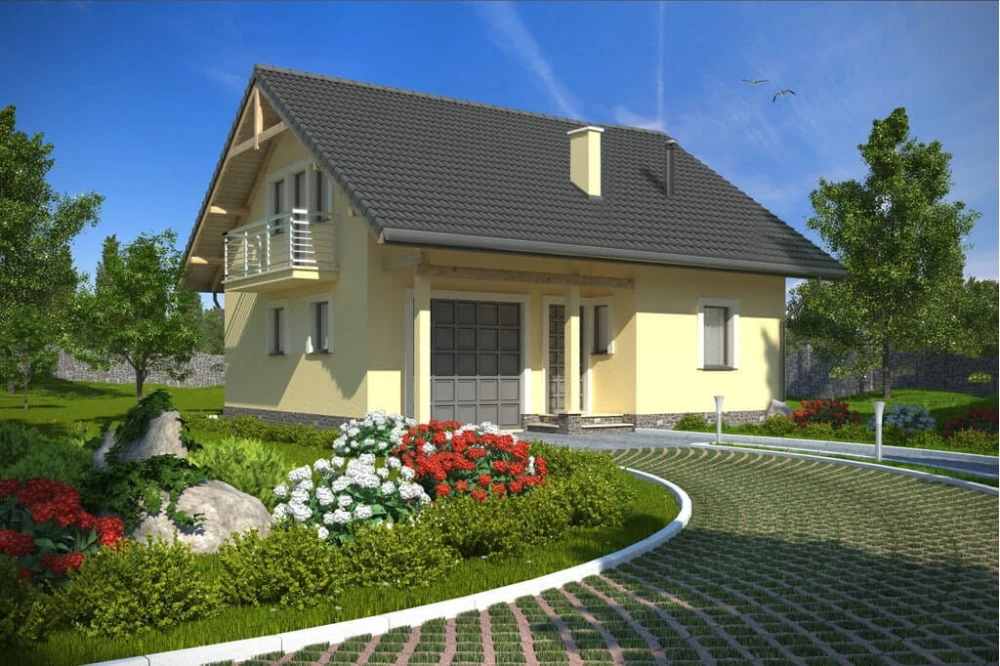 Projekt domu Ćmielów tech. DM-6197 tech., parterowy z poddaszem mieszkalnym, z garażem - kolorystyka wersja 3