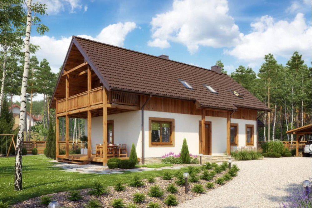 Projekt domu Hiacyntów tech. DM-6585 tech., parterowy z poddaszem mieszkalnym, bez podpiwniczenia - kolorystyka wersja 4