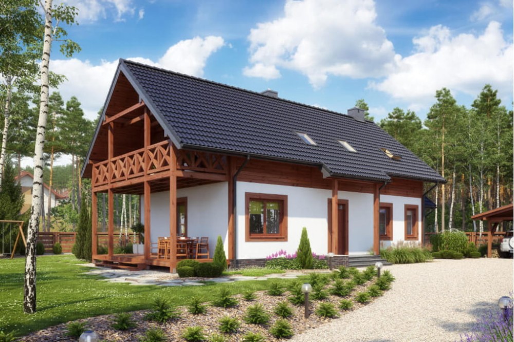 Projekt domu Hiacyntów tech. DM-6585 tech., parterowy z poddaszem mieszkalnym, bez podpiwniczenia - kolorystyka wersja 2