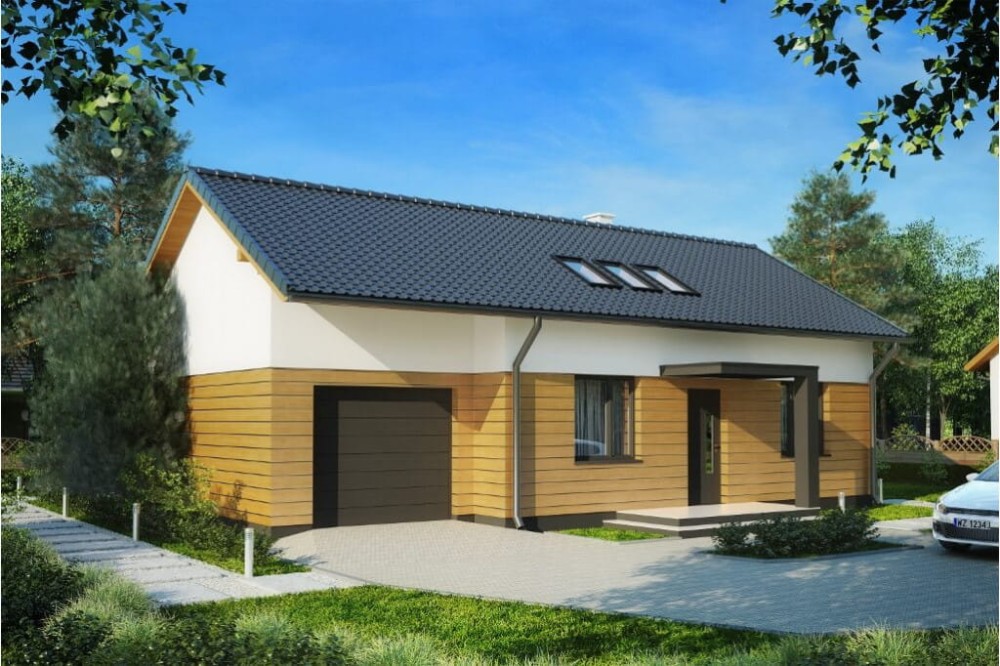 Projekt domu Kocanka tech. DM-6619 tech., parterowy z poddaszem użytkowym i garażem - kolorystyka wersja 2