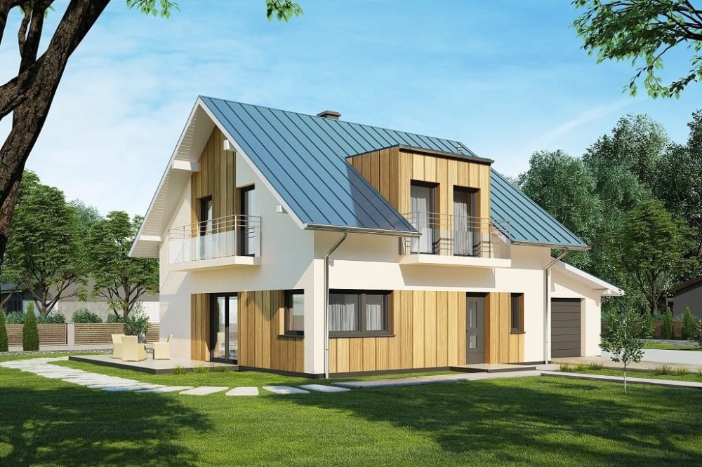Projekt domu Ervia 2 tech. L-6686 tech., parterowy z poddaszem mieszkalnym, z garażem jednostanowiskowym - kolorystyka wersja 3