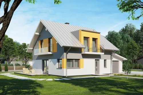 Projekt domu Ervia 2 tech. L-6686 tech., parterowy z poddaszem mieszkalnym, z garażem jednostanowiskowym - kolorystyka wersja 2