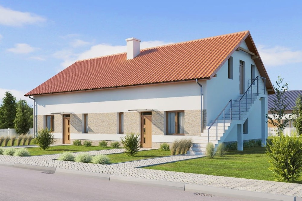 Projekt domu Ibala tech. DM-6646 tech., lokalno - usługowy, parterowy z poddaszem nieużytkowym - kolorystyka wersja 3