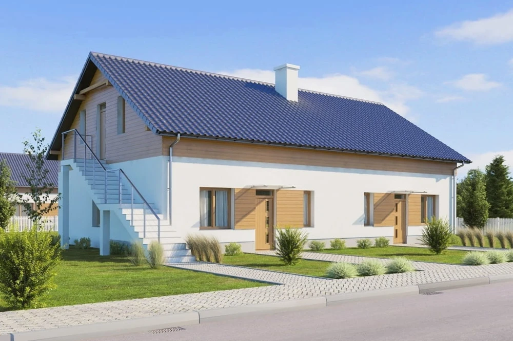 Projekt domu Ibala 2 tech. L-6646 tech., lokalno - usługowy, parterowy z poddaszem nieużytkowym - kolorystyka wersja 1